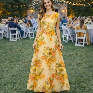 60s Vintage Yellow Floral Gown Sleeveless Maxi A-Line Dress Empire Waist Sz S/M